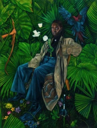 Illustration by Stefania Tejada featuring a seated woman surrounded by lush jungle foliage, a blue parrot, and white flowers.
