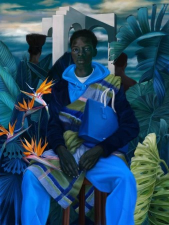 Digital illustration of a young black man holding a blue handbag amidst lush tropical foliage and bird of paradise flowers.