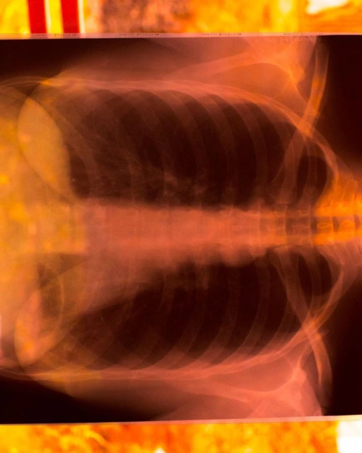 X-ray image showing the rib cage, spine, and internal structures, rendered in shades of orange and brown.