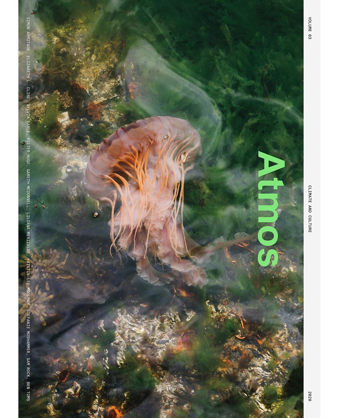 Magazine cover featuring a jellyfish in green-tinted water, showcasing the 'Atmos' publication logo with the tagline 'Climate and Culture'.
