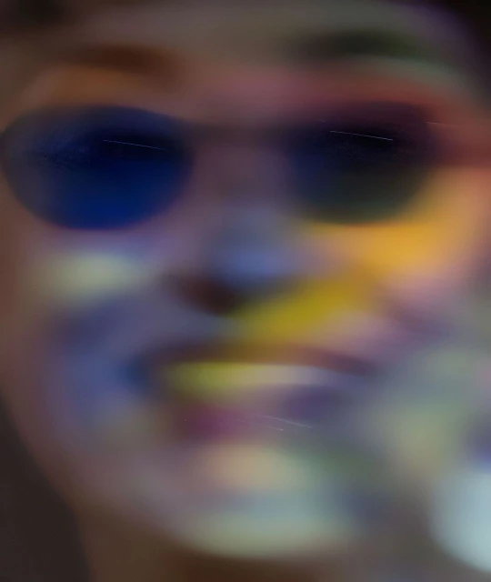 Abstract portrait of a person with sunglasses and colorful lighting effects, creating a dreamy and artistic blurred aesthetic.
