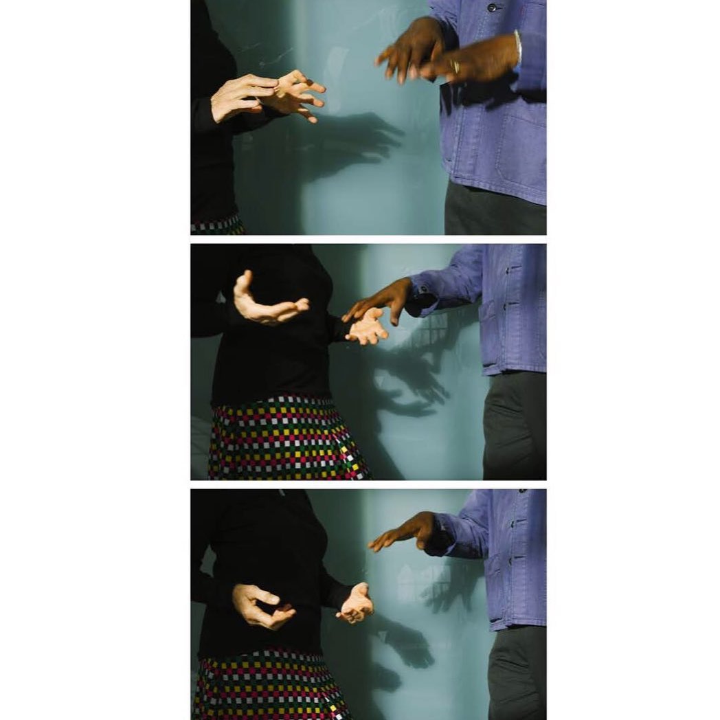 Three images show two people's hands meeting. A person in blue with dark skin reaches toward a person in a skirt with fair skin.