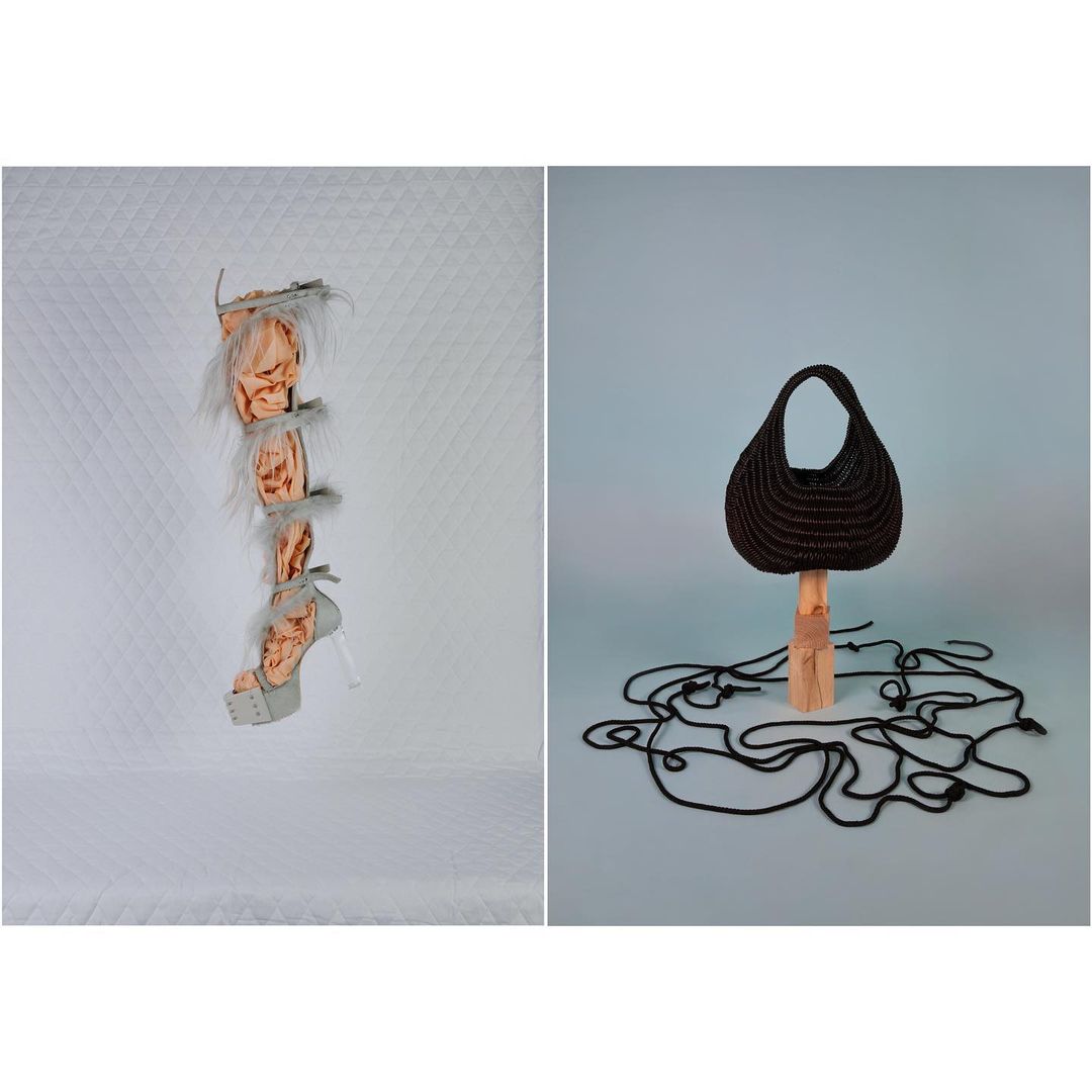 A split image showcasing a platform high heel with feather details and a hand bag on a light backdrop in a minimalist composition.