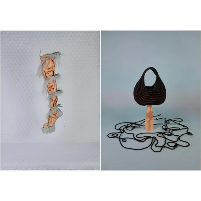 A split image showcasing a platform high heel with feather details and a hand bag on a light backdrop in a minimalist composition.