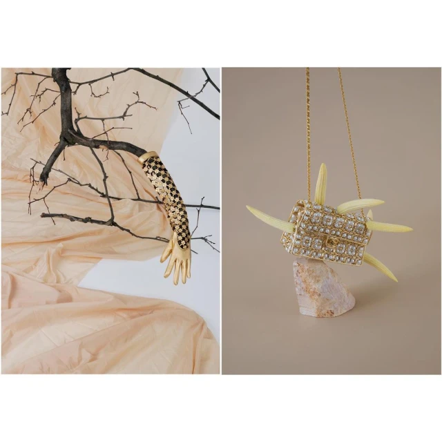 Still life fashion shot: a crystal-embellished handbag on a rock, contrasted with a gold-painted, patterned glove on a bare branch.