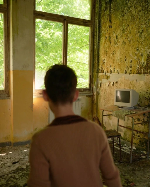 Indoor shot of a child in a beige sweater looking toward a window and old television set in a room with peeling paint and debris.