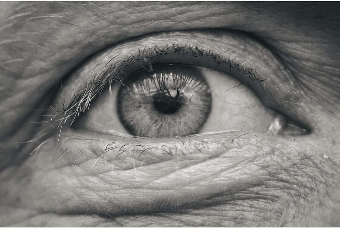 Close-up shot of an elderly person's eye displaying fine wrinkles, skin texture, and eyelashes, all in grayscale. Intimate portrait.