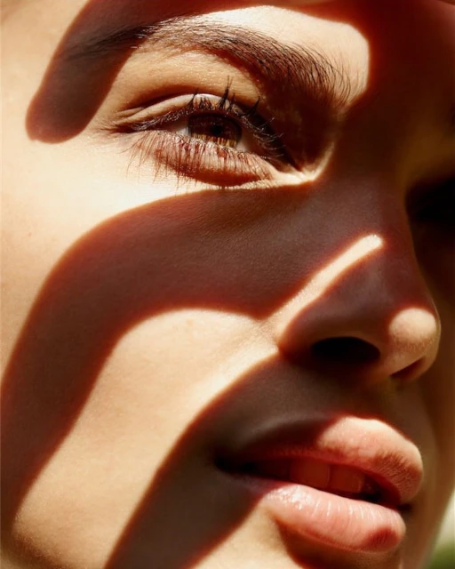 Close-up portrait of a young woman's face in bright sunlight, with striped shadows across her skin and hand shielding the light.