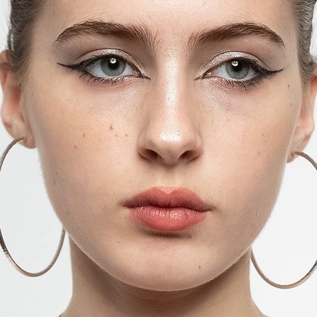 Close-up portrait of a young adult woman with light skin, gray eyes, dark eyeliner, and large hoop earrings against a white background.