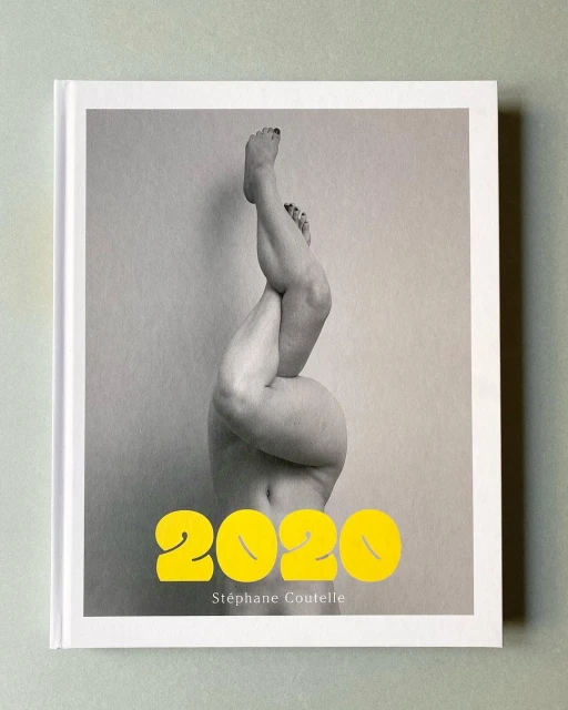 Photo book cover featuring legs and feet in the air with text "2020 Stéphane Coutelle" against a neutral grey background and white border.