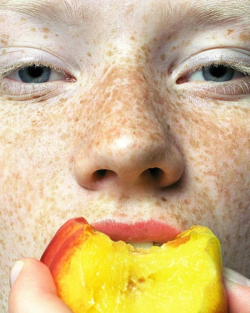 Close-up of a fair-skinned person with freckles, eating a ripe peach. The focus is on the person's face and the partially eaten fruit.