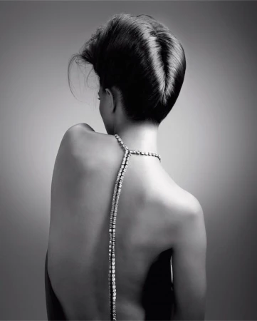 Model seen from behind wearing an elaborate updo hairstyle and a long diamond necklace down her bare back against a gradient backdrop.