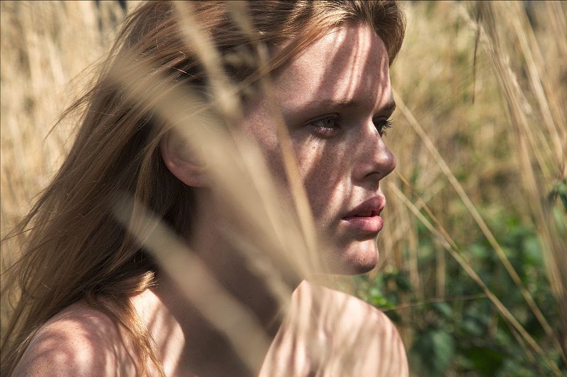 Close-up portrait of a blonde woman with freckles, partially obscured by out-of-focus wheat in a sunlit outdoor environment.
