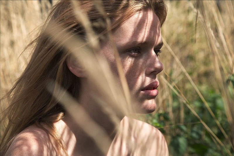 Close-up portrait of a blonde woman with freckles, partially obscured by out-of-focus wheat in a sunlit outdoor environment.