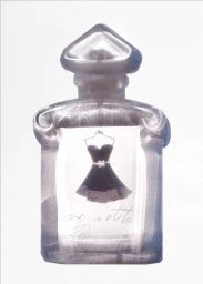 Transparent perfume bottle silhouette containing a small illustration of a strapless dress against a plain white background