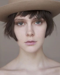 Close-up portrait of a woman with dark bobbed hair and pale hat against a neutral background