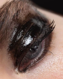 Close-up macro photography of an eye with glossy dark wet-look eyeshadow and long individual eyelashes by Stephane Coutelle