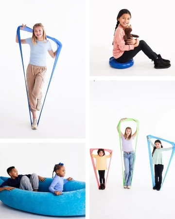 A composite image featuring diverse children engaging in exercises with colorful resistance bands in a bright, minimalist photo studio setting.
