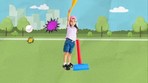 Young child at play, happily holding a bat high, with a vibrant cartoon backdrop of green grass, trees, and city buildings.