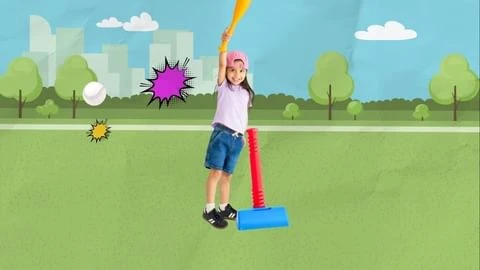 Young child at play, happily holding a bat high, with a vibrant cartoon backdrop of green grass, trees, and city buildings.