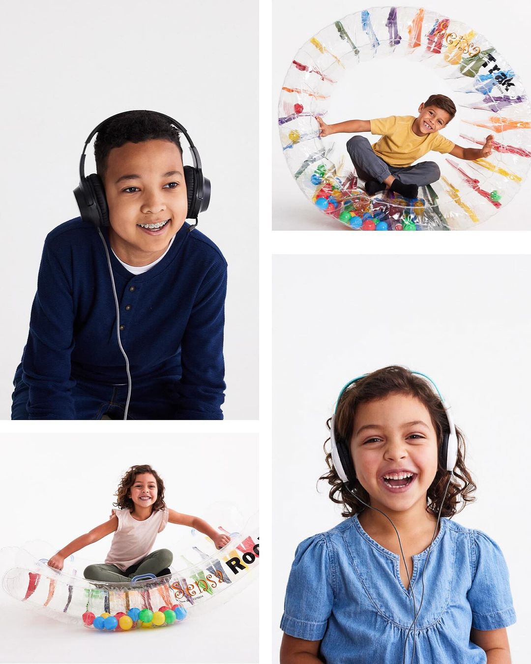 Four kids, two boys and two girls, are smiling while wearing headphones and playing in a studio with translucent play equipment.