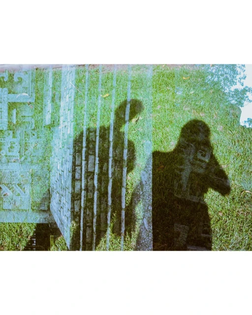Artistic composition with human shadow figures projected onto a textured stone surface and grassy lawn in natural lighting.