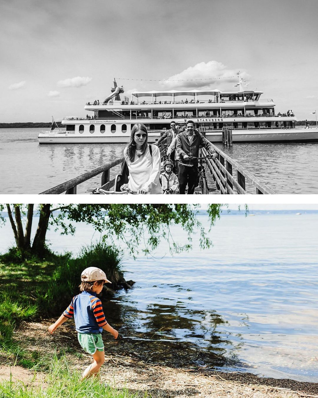 Black and white image of people on a dock with a large boat, contrasted with a color image of a child playing near water.