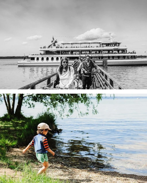 Black and white image of people on a dock with a large boat, contrasted with a color image of a child playing near water.