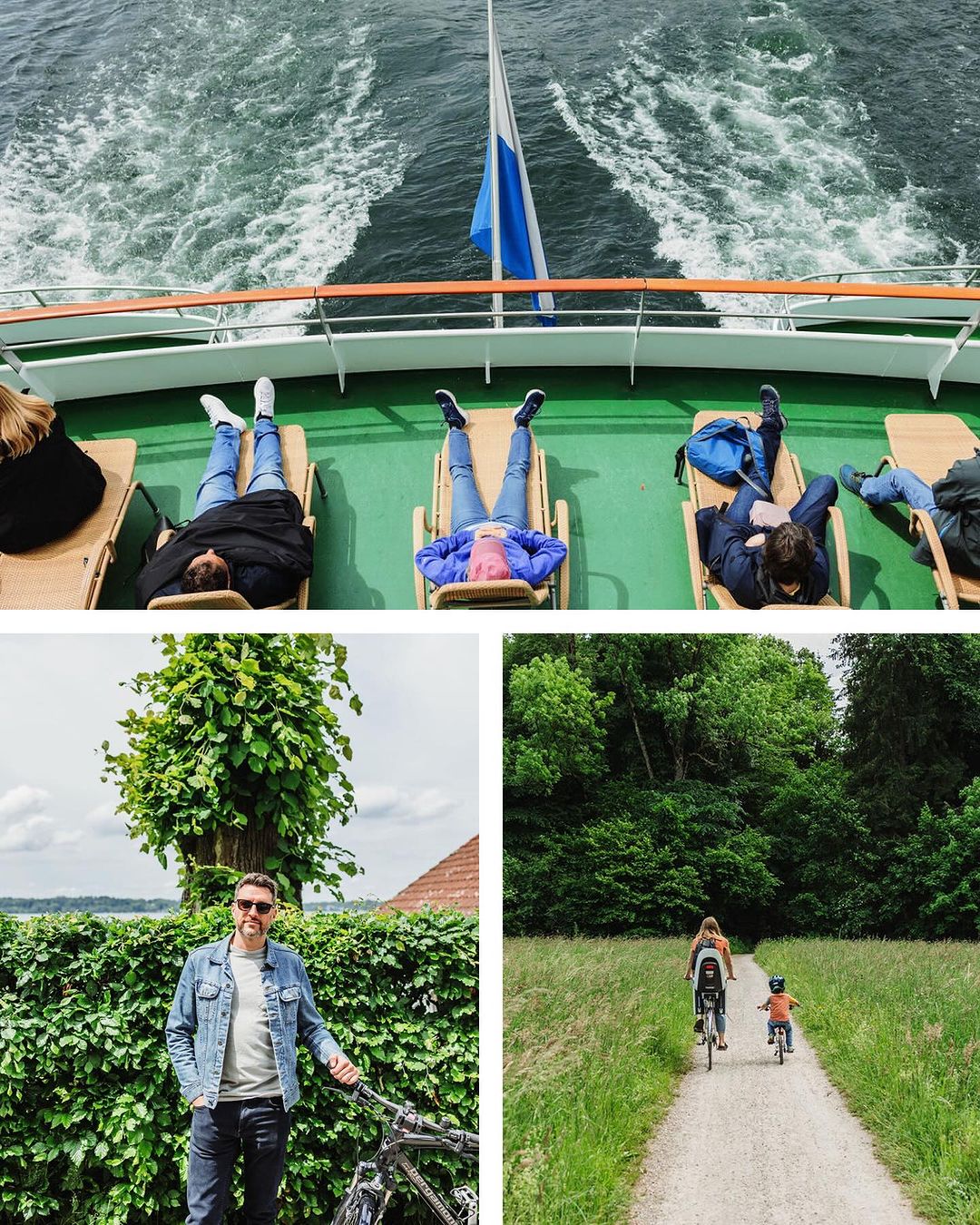 Split image of people relaxing on a boat, a man with a bicycle, and a family riding bikes on a path in a forest.