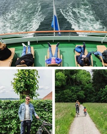 Split image of people relaxing on a boat, a man with a bicycle, and a family riding bikes on a path in a forest.