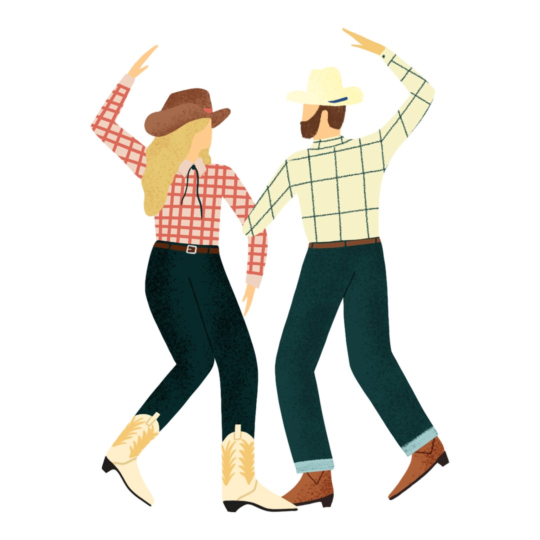 Two cartoon figures in country western outfits, dancing in unison against a white background. Digital illustration features a blonde and brunette.