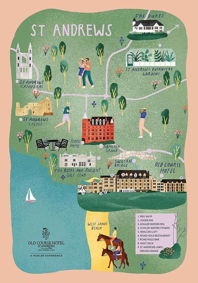 Illustration map of St Andrews, Scotland featuring golf courses, beaches, hotels, and landmarks. Features couple, golfers and riders.