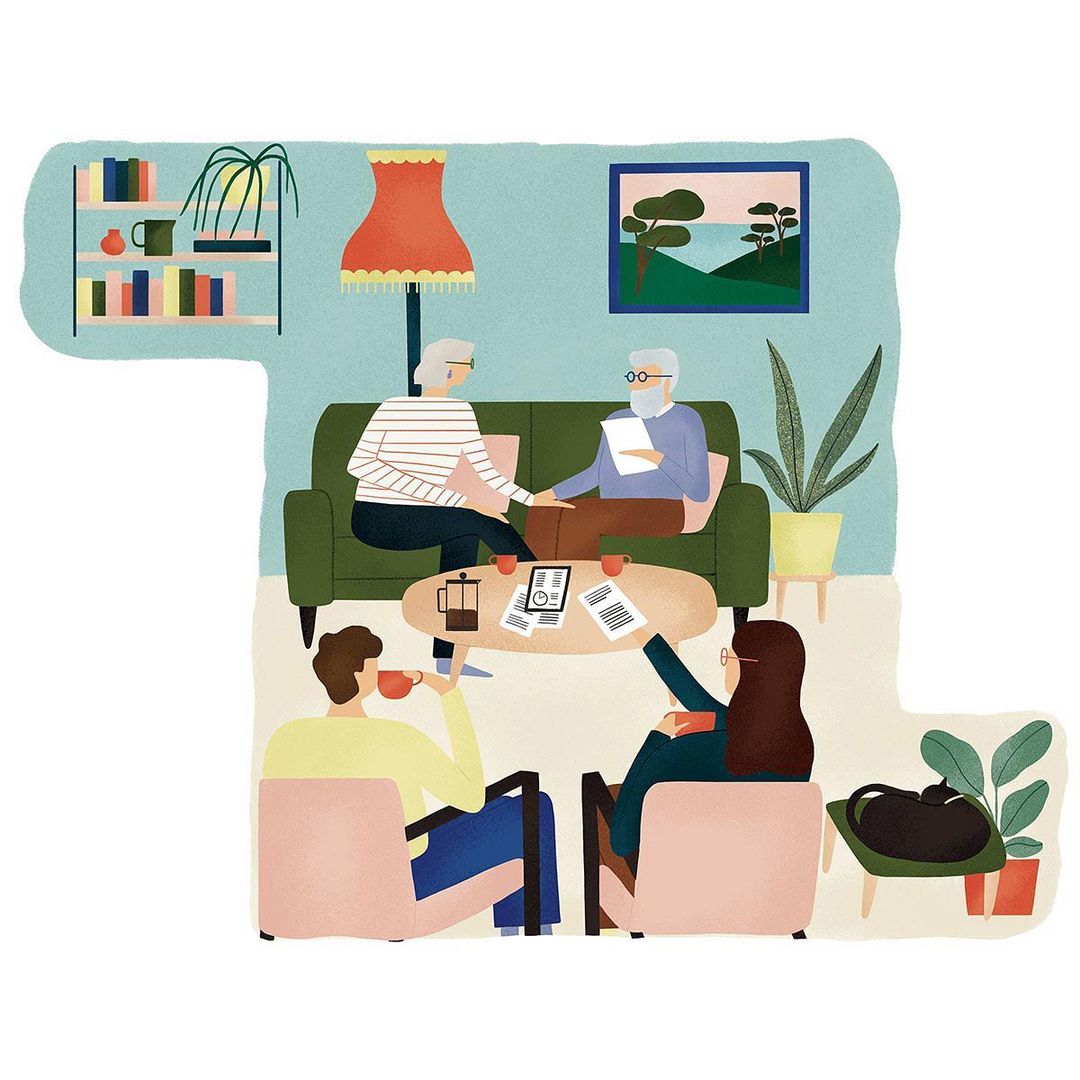Illustration of four adults sitting in a living room enjoying coffee with a cat sleeping nearby, creating a cozy, familial scene.