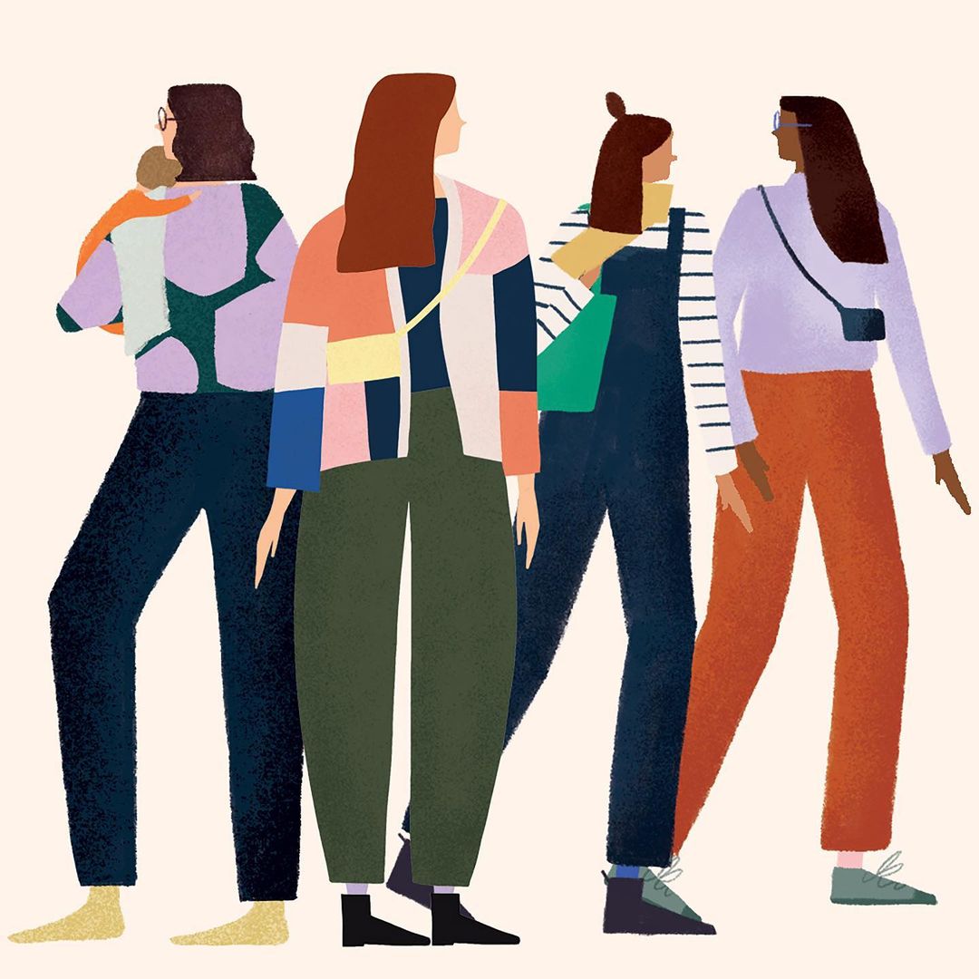 Illustration of four women in fashionable outfits walking; one carrying a baby in a sling, set against a neutral background.
