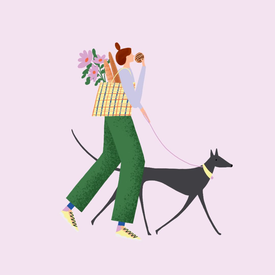 Illustration of a woman walking a dog, holding a pastry, with flowers and bread in her backpack, against a light pink background.