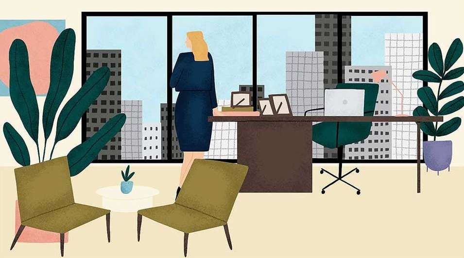 Illustration of a woman in a navy dress looking out a window in an office with city views, potted plants, and olive-green chairs.