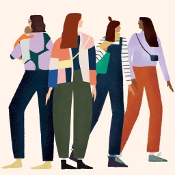 Digital illustration by Stephanie Ginger featuring four women with a child against a solid cream background