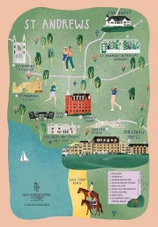Illustrated tourist map of St Andrews featuring landmarks, buildings, and figures by Stephanie Ginger