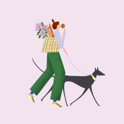 Illustrated woman in green trousers walking a black dog while holding flowers and bread against a solid pastel background.