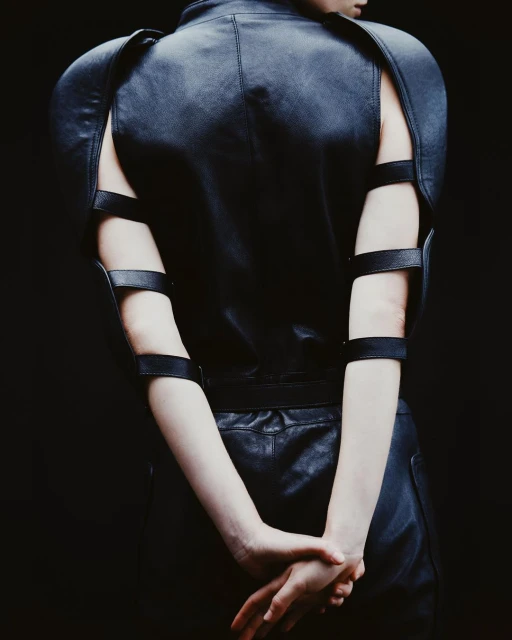 Back view of a slender woman in a dramatic black leather outfit with angular shoulders and arm straps, hands clasped in a dark studio.