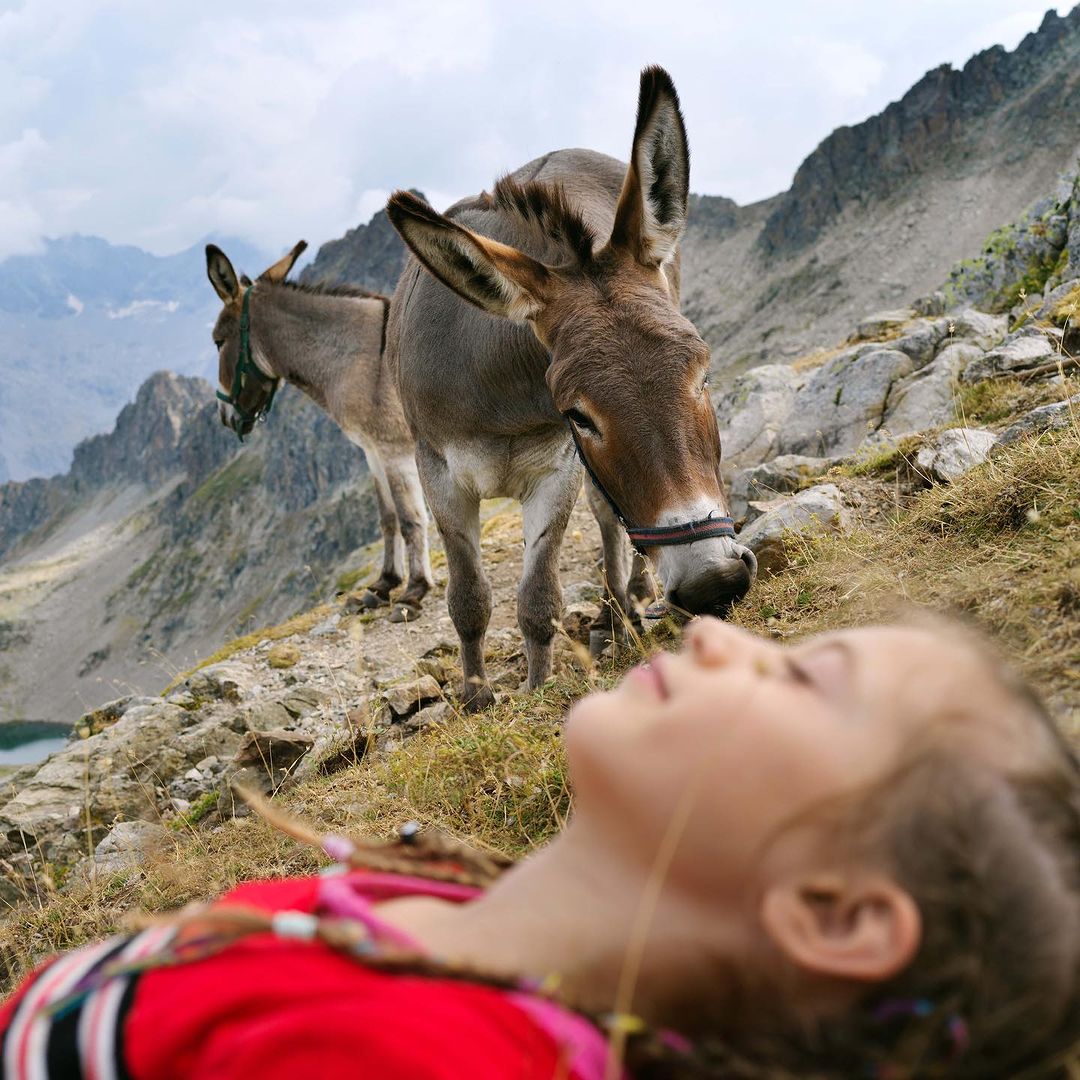 Young girl lies on a grassy hill, gazing up at two grey donkeys standing on the hillside in a mountainous area with a cloudy sky.