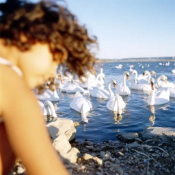 Close-up of a child with curly hair watching white swans swimming on a lake by Stephanie Tetu