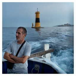Middle-aged man with folded arms standing on a boat deck with a yellow and black lighthouse in the background.