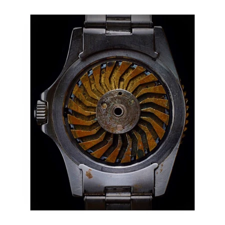 Close-up of a stainless steel wrist watch with a gold-colored, fan-shaped internal mechanism, set against a stark black background.