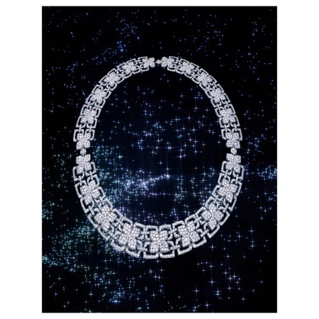 Elegant diamond necklace on black background with sparkling blue and white star-like bokeh for a luxurious, high-end fashion jewelry campaign.