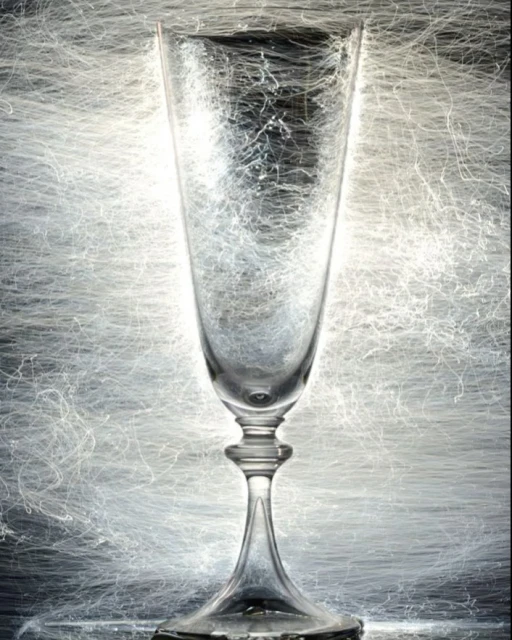 Elegant clear glass with a stem stands out against a white background with swirling light trails, creating a unique and visually striking composition.