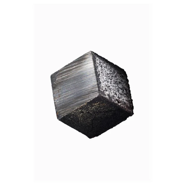 Dark metallic cube on white background. Faceted and textured, this block shows detail in material and minimalist design.