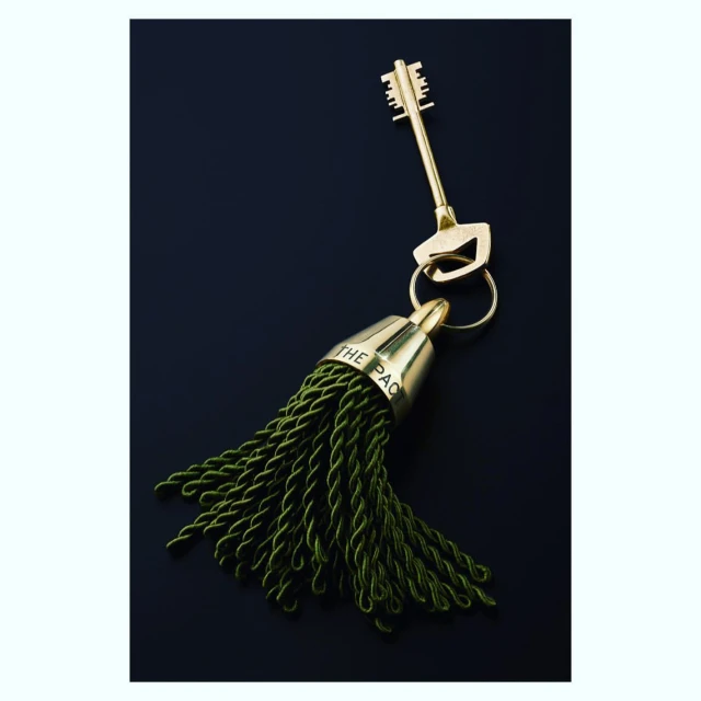 Stylish gold key with green tassel on a dark background. Key ring and cap are metallic gold, with dark green tassel threads.