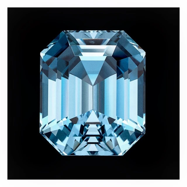 Close-up studio shot of a faceted, rectangular, light-blue gemstone with geometric details and reflections on a dark-black background.