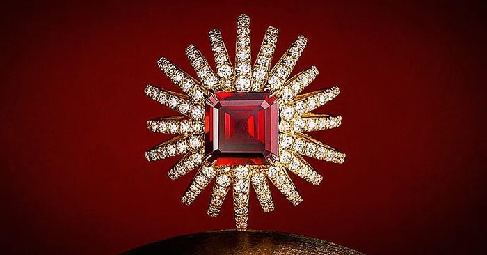 Close-up photograph of a square red gemstone ring surrounded by pavé diamonds in a sunburst design.
